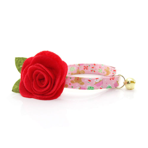Cat Collar + Flower Set - "Sugar & Spice" - Pink Gingerbread Cat Collar w/ Scarlet Felt Flower (Detachable)