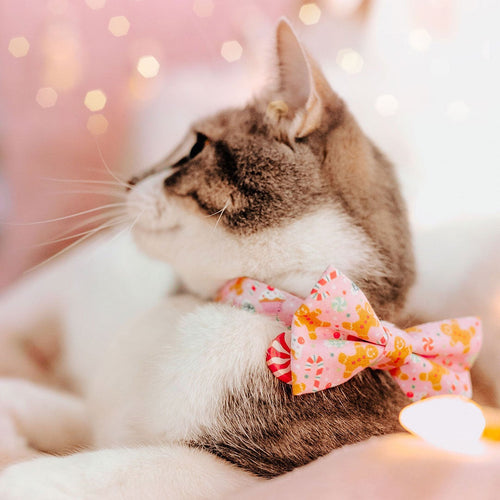 Bow Tie Cat Collar Set - "Sugar & Spice" - Pink Gingerbread, Peppermints & Cupcakes Cat Collar w/ Matching Bowtie (Removable)