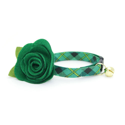 Cat Collar + Flower Set - "Dublin" - Irish Green Plaid Cat Collar w/ Clover Green Felt Flower (Detachable) / St. Patrick's Day