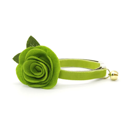 Cat Collar + Flower Set - "Velvet - Apple Green" - Velvet Cat Collar w/ Leaf Green Felt Flower (Detachable)