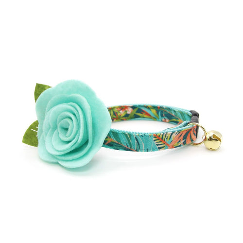 Cat Collar + Flower Set - "Tropicalia" - Palm Leaves Tropical Cat Collar w/ Mint Felt Flower (Detachable)