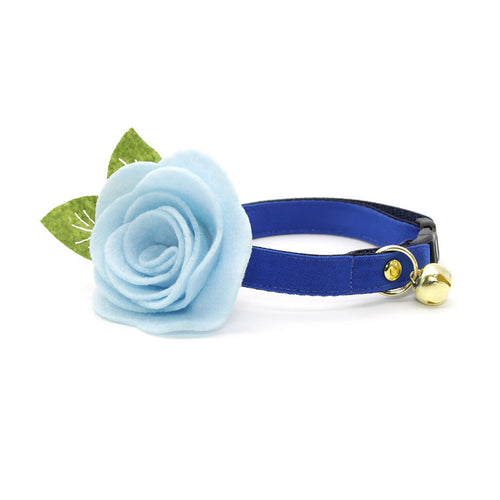 Cat Collar + Flower Set - "Color Collection - Cobalt Blue" - Solid Blue Cat Collar + Sky Blue Felt Flower (Detachable) / Wedding