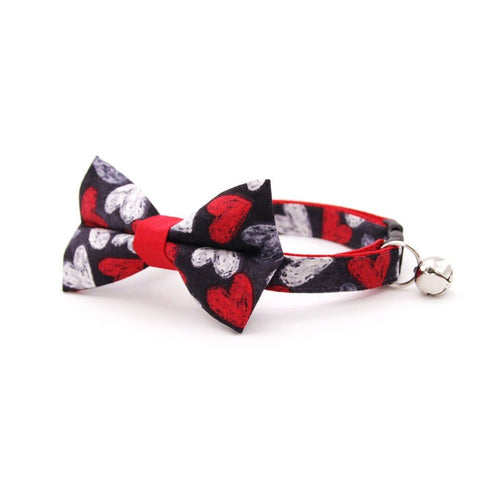 Bow Tie Cat Collar Set - "Chalk It Up To Love" - Black, White & Red Heart Cat Collar w/ Matching Bowtie / Valentine's Day / Cat, Kitten, Small Dog Sizes