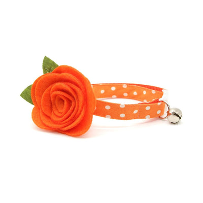 Cat Collar + Flower Set - "Polka Dot - Orange" - Glow In The Dark Cat Collar w/ Pumpkin Felt Flower (Detachable)