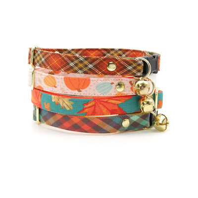 Cat Collar + Flower Set - "Campfire" - Smoky Plaid Cat Collar w/ Orange Felt Flower (Detachable)