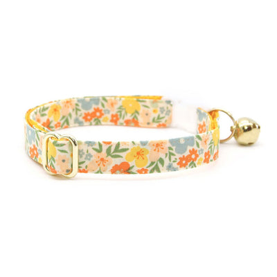 Cat Collar + Flower Set - "Aurora" - Yellow Floral Cat Collar w/ Orange Felt Flower (Detachable)