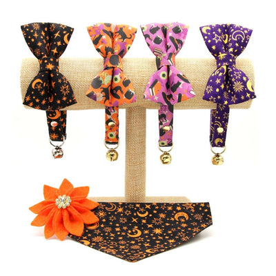 Cat Collar + Flower Set - "Moonlight - Black" - Halloween Stars & Moon Cat Collar w/ Orange Felt Flower (Detachable)