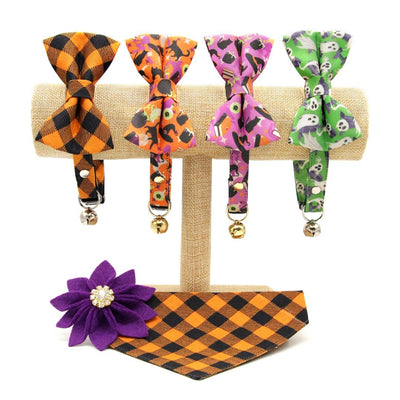 Cat Collar + Flower Set - "Hocus Pocus - Purple" - Halloween Cat Collar w/ Orange Felt Flower (Detachable)