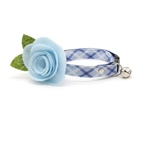 Cat Collar + Flower Set - "Skye" - Light Blue Plaid Cat Collar w/ Sky Blue Felt Flower (Detachable)