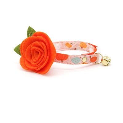 Cat Collar + Flower Set - "Gourd Times" - Pumpkin Cat Collar w/ Orange Felt Flower (Detachable)