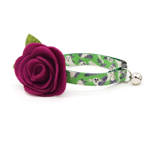 Cat Collar + Flower Set - "Ghostly Gathering" - Halloween Green Ghost Cat Collar w/ Plum Purple Felt Flower (Detachable)