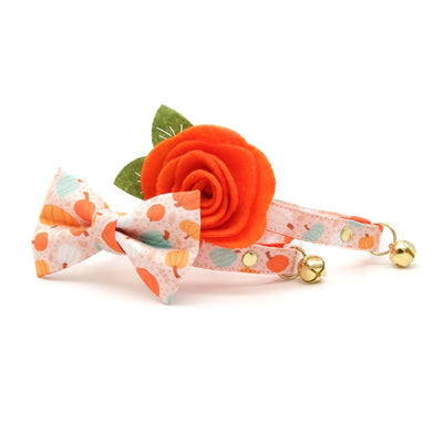 Cat Collar + Flower Set - "Gourd Times" - Pumpkin Cat Collar w/ Orange Felt Flower (Detachable)