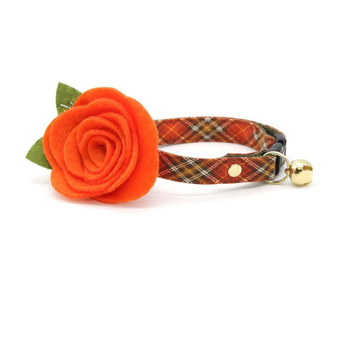 Cat Collar + Flower Set - "Pecan Praline" - Autumn Plaid Cat Collar w/ Orange Felt Flower (Detachable)