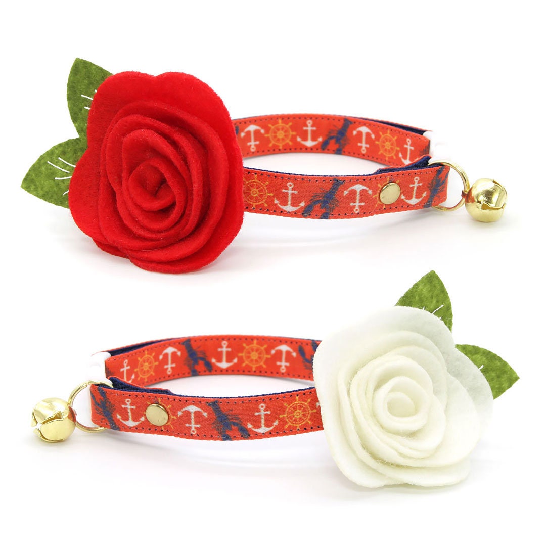 Cat Collar - Nautical Sunset - Coral Red Anchor & Lobster Cat Collar -  Made By Cleo