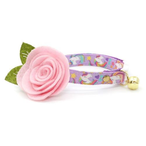 Cat Collar + Flower Set - "Unicorn Fantasy" - Magical Unicorns Light Purple Cat Collar w/ Baby Pink Felt Flower (Detachable)