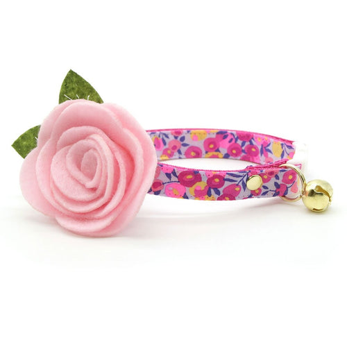 Cat Collar + Flower Set - "Margeaux" - Liberty Of London® Floral Cat Collar w/ Baby Pink Felt Flower (Detachable)