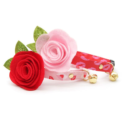 Cat Collar + Flower Set - "Sealed With A Kiss" - Pink Love Letter Valentine's Day Cat Collar w/ Scarlet Red Felt Flower (Detachable)