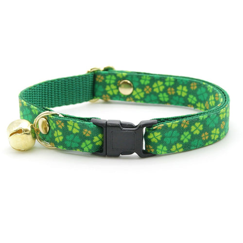 Cat Collar - "Clover Leaf" - St. Patrick's Day Green & Gold Cat Collar / Shamrock, Irish, Lucky / Breakaway Buckle or Non-Breakaway / Cat, Kitten + Small Dog Sizes