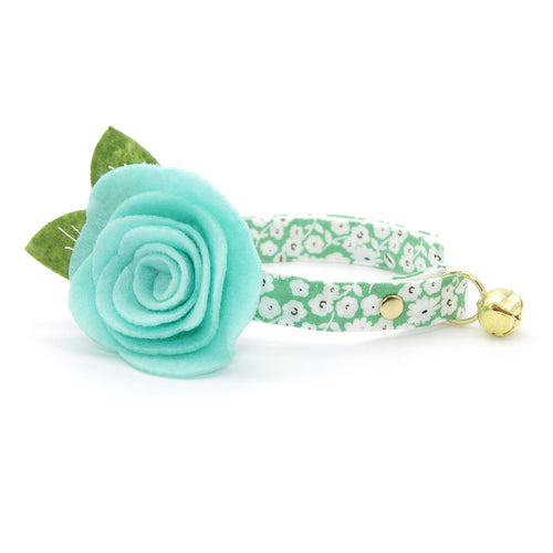 Cat Collar + Flower Set - "Apple Blossom" - Floral Pastel Green Cat Collar w/ Mint Felt Flower (Detachable)