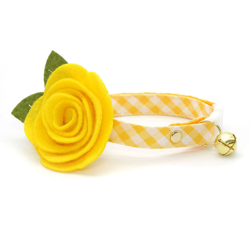 Cat Collar + Flower Set - "Picnic" - Gingham Plaid Yellow Cat Collar w/ Buttercup Yellow Felt Flower (Detachable)